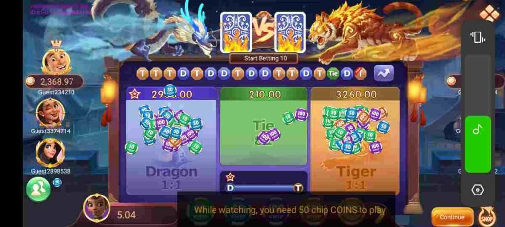तीन पत्ती किंग एपीके में ड्रैगन बनाम टाइगर गेम खेलें